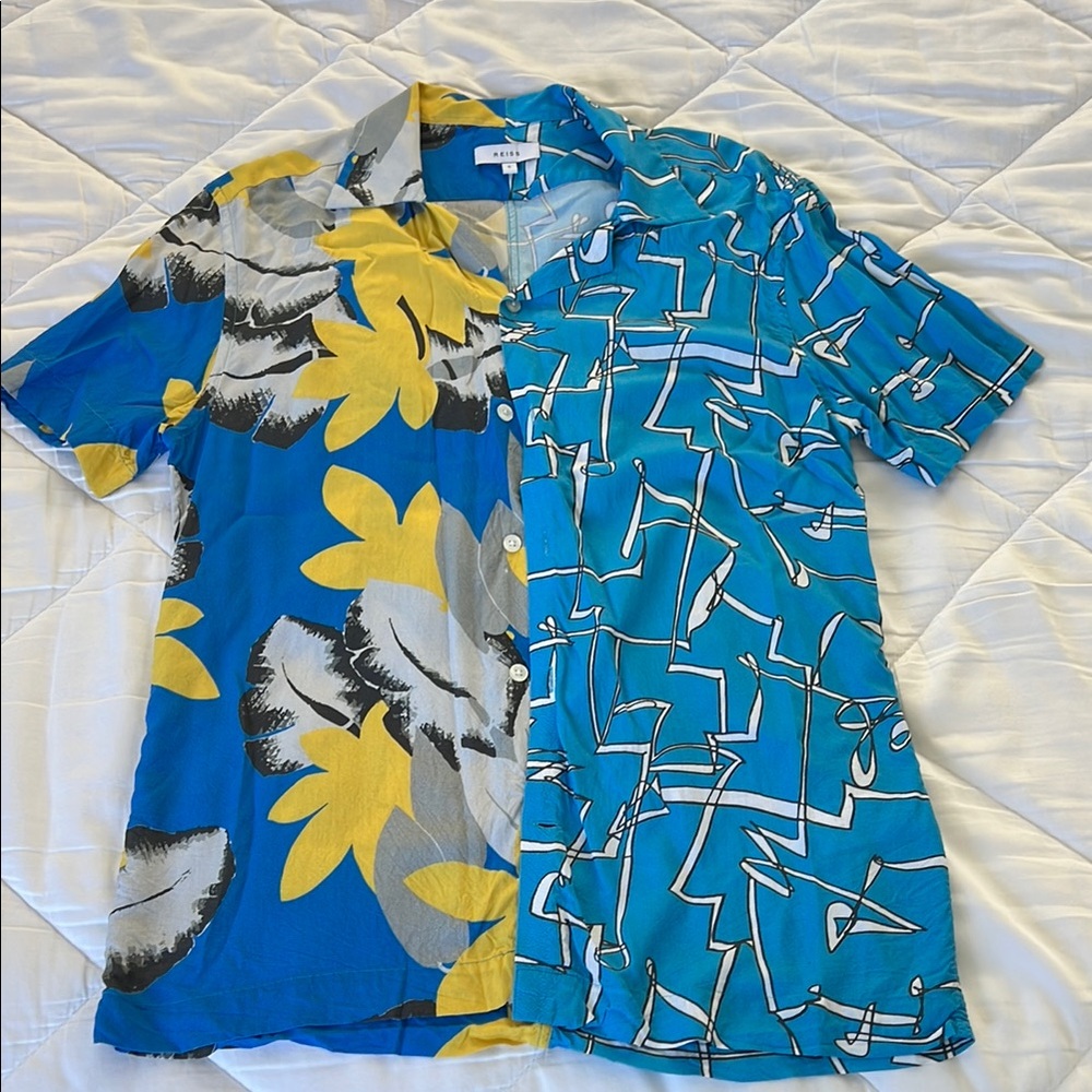 Reiss Blue & Yellow Mixed-Print Short Sleeve Button-Down Shirt